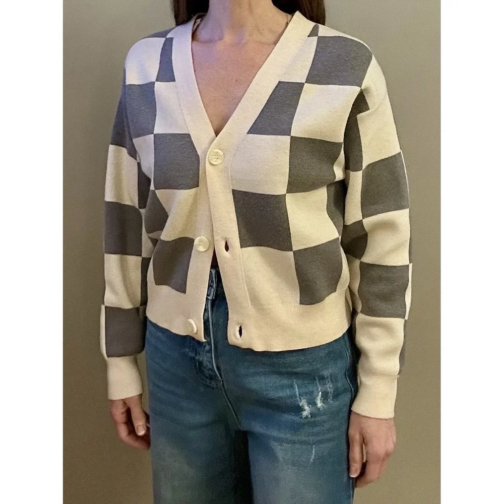 Willow‎ And Wind XS Checkered Cardigan Ivory/grey. Valentine's Girly Slay Crop - Picture 7 of 16